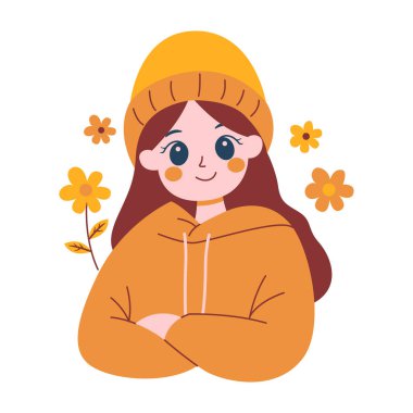 Gülümseyen Güzel Kız Çizgi Film Karakteri Şapka Giyiyor ve Çiçek Dekorasyonlu Sıcak Kıyafetler Giyiyor