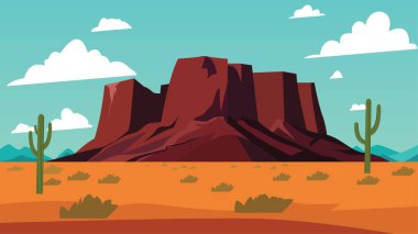 Rocky Cliff Dağı ve Parlak Gökyüzünde Kaktüs ile Amerikan Çöl Manzarası