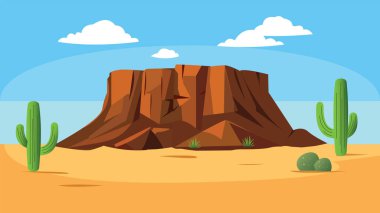 Rocky Cliff Dağı ve Parlak Gökyüzünde Kaktüs ile Amerikan Çöl Manzarası