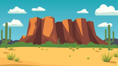 Rocky Cliff Dağı ve Parlak Gökyüzünde Kaktüs ile Amerikan Çöl Manzarası