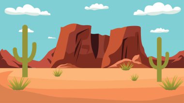 Rocky Cliff Dağı ve Parlak Gökyüzünde Kaktüs ile Amerikan Çöl Manzarası