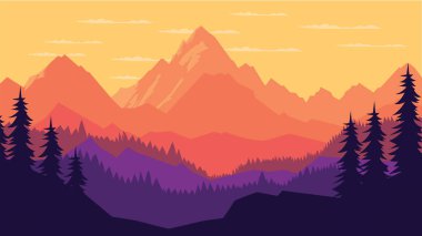 Güneşin doğuşunda ormanda çam ağacı olan güzel dağ doğası manzarası