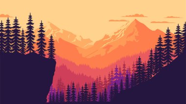 Dağ Uçurumu Doğa Sahnesi Çam Ağaçları Silueti Gün batımında Ormanda