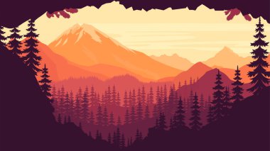 Gün batımında Ormanda Çam Ağaçlarıyla Dağ Doğası Macerası Silueti