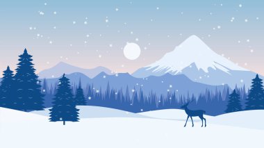 Çam Ağaçları Ormanında Geyik Roe Hayvan Silueti Kar mevsiminde Buz Dağı Manzaralı