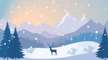 Çam Ağaçları Ormanında Geyik Roe Hayvan Silueti Kar mevsiminde Buz Dağı Manzaralı