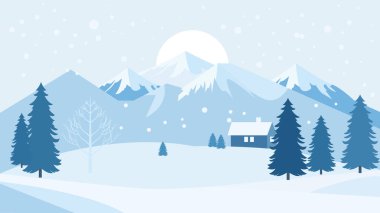 Ormanın Ortasında Ev. Parlak Gökyüzünde Kar Dağı.