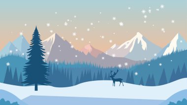 Çam Ağaçları Ormanında Geyik Roe Hayvan Silueti Kar mevsiminde Buz Dağı Manzaralı