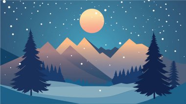Kar mevsiminde Çam Ağaçları Ormanı ile Karlı Dağ manzarası ve Gece Gökyüzünde Dolunay