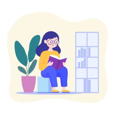 Kütüphanede kitap okurken gözlük takan güzel kız çizgi film karakteri.