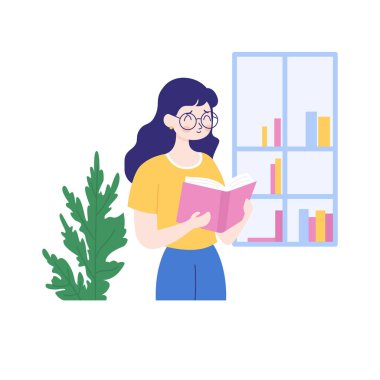 Kütüphanede kitap okurken ayakta duran gözlük takan güzel kız çizgi film karakteri