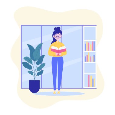 Kütüphanede kitap okurken ayakta duran gözlük takan güzel kız çizgi film karakteri