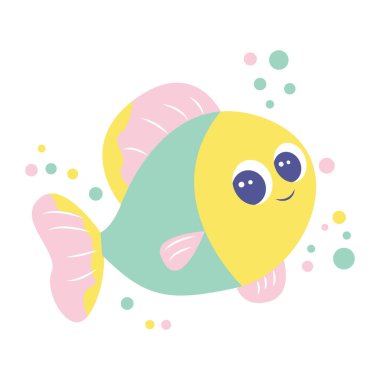 Şirin Renkli Balık Çizgi Filmi Karakteri Gülümseyen İfadesiyle Denizde Yüzüyor