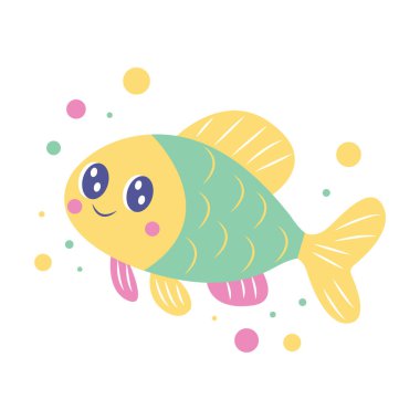 Şirin Renkli Balık Çizgi Filmi Karakteri Gülümseyen İfadesiyle Denizde Yüzüyor