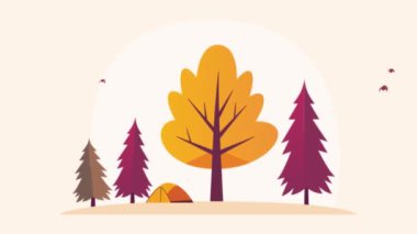 Sonbahar mevsiminde çam ağaçlarıyla ormandaki kamp çadırı manzarası.