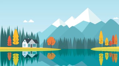 Mountain River Gölü Manzarası Güz Sonbaharı Mevsiminde Parlak Gökyüzünde Ev Eviyle