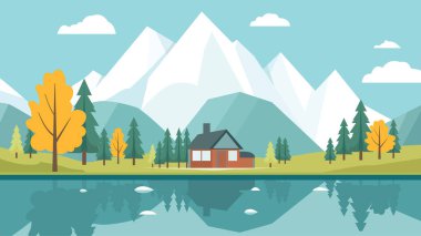 Mountain River Gölü Manzarası Güz Sonbaharı Mevsiminde Parlak Gökyüzünde Ev Eviyle