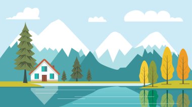 Mountain River Gölü Manzarası Güz Sonbaharı Mevsiminde Parlak Gökyüzünde Ev Eviyle