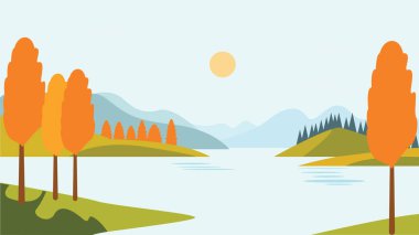 Nehir Gölü Doğa Manzarası Tepedeki Dağ ve Sonbahar Sonbahar Mevsiminde Parlak Gökyüzünde Güneş