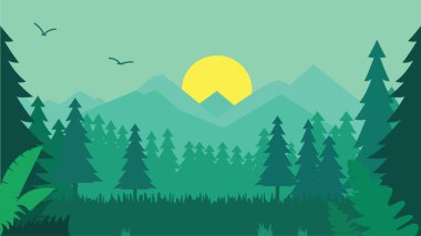 Yeşil Çam Ağaçları Dağ Manzarasının Düz Tasarımı Gökyüzünde Güneşle Ormanda Görünümü