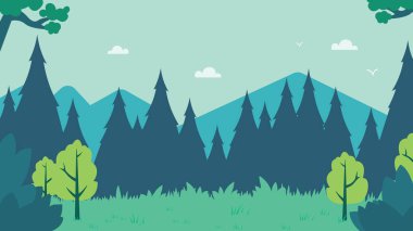 Ormandaki Dağ Manzaralı Yeşil Çam Ağaçlarının Düz Tasarımı