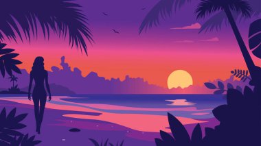 Plajdaki Kadın Silueti 'nin Gündoğumunda Tropikal Bitkiler ve Güneş' le Arka Görünümü