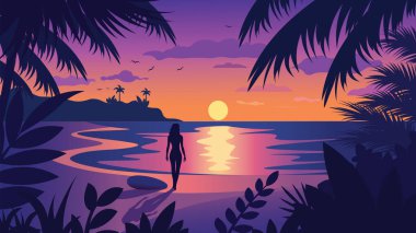 Plajdaki Kadın Silueti 'nin Gündoğumunda Tropikal Bitkiler ve Güneş' le Arka Görünümü