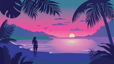 Plajdaki Kadın Silueti 'nin Gündoğumunda Tropikal Bitkiler ve Güneş' le Arka Görünümü