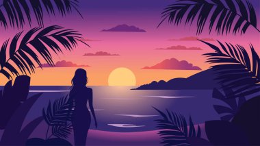 Plajdaki Kadın Silueti 'nin Gündoğumunda Tropikal Bitkiler ve Güneş' le Arka Görünümü