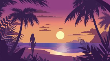 Plajdaki Kadın Silueti 'nin Gündoğumunda Tropikal Bitkiler ve Güneş' le Arka Görünümü