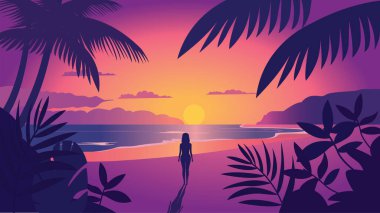 Plajdaki Kadın Silueti 'nin Gündoğumunda Tropikal Bitkiler ve Güneş' le Arka Görünümü