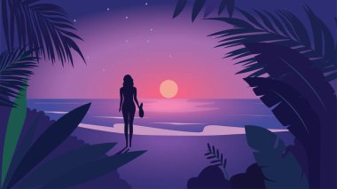 Plajdaki Kadın Silueti 'nin Gündoğumunda Tropikal Bitkiler ve Güneş' le Arka Görünümü