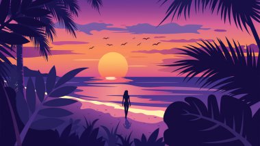 Plajdaki Kadın Silueti 'nin Gündoğumunda Tropikal Bitkiler ve Güneş' le Arka Görünümü