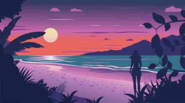 Plajdaki Kadın Silueti 'nin Gündoğumunda Tropikal Bitkiler ve Güneş' le Arka Görünümü