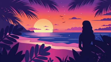 Plajdaki Kadın Silueti 'nin Gündoğumunda Tropikal Bitkiler ve Güneş' le Arka Görünümü