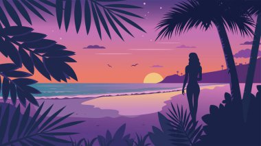 Plajdaki Kadın Silueti 'nin Gündoğumunda Tropikal Bitkiler ve Güneş' le Arka Görünümü