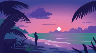 Plajdaki Kadın Silueti 'nin Gündoğumunda Tropikal Bitkiler ve Güneş' le Arka Görünümü