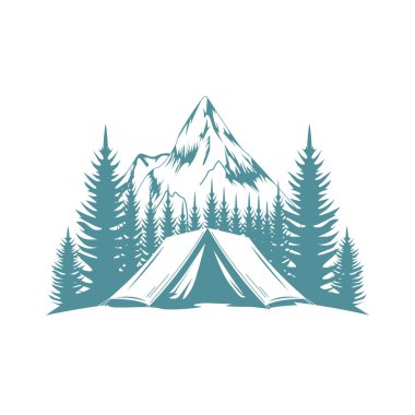 Yeşil Dağ manzaralı Kamp Kampı Logosu Tasarımı Ormanda Çam Ağaçları