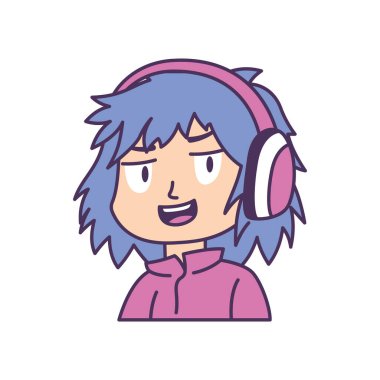 Neşeli Gülümseme İfadesiyle Kulaklık Giyen Sevimli Oyuncu Çocuk Çizgi Film Karakteri