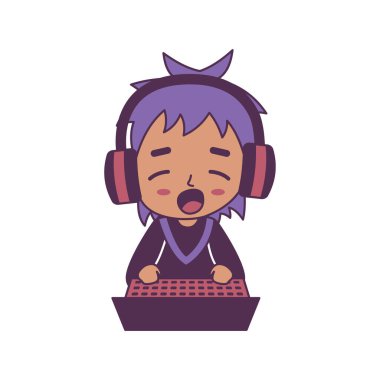 Neşeli Sevimli Oyuncu Çocuk Karakteri Kulaklık Takan Dizüstü bilgisayarla Oyun oynamaktan keyif alan