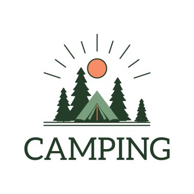 Güneşli bir günde çam ağaçlarıyla ormandaki kamp maceralarının logosu.