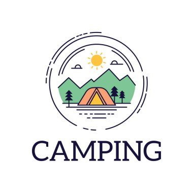 Ormandaki Kamp Macerası Dağ Manzaralı Renkli Daire Çizgisi Sanat Logosu Tasarımı