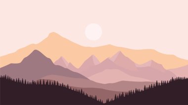 Dağ Tepesi Doğa Manzarasının Düz Tasarımı Sabah Çam Ağaçları ve Güneş Altında