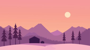 Flat Design Illustration of Mountain Hill Nature Landscape with Pine Trees and Sun in the Morning