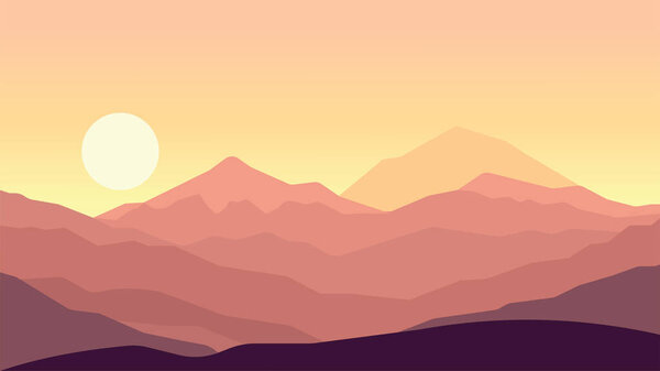 Flat Design Illustration of Mountain Nature Landscape with Sun in the Morning