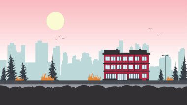 Hotel Apartment Building Landscape with Cityscape and Sun in Twilight clipart