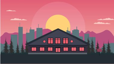 Hotel Building Landscape with Cityscape and Sun in Twilight clipart