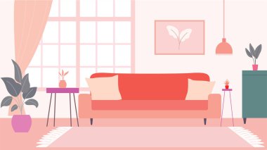 Oturma Odası Manzarası Görünümü Koltuk ve Bitki Pembe Duvar Arkaplanında