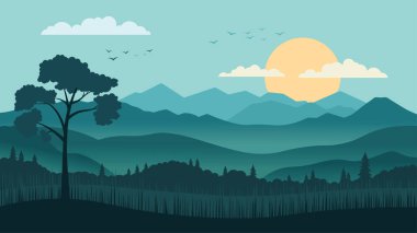 Sabah Ağaç ve Güneş 'le Yeşil Dağlar Tepeleri Doğa Manzarası