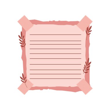 Yapışkan bant ve Yaprak Dekorasyonu ile Estetik Boş Pembe Kağıt Kağıt Not Ofis Kağıdı